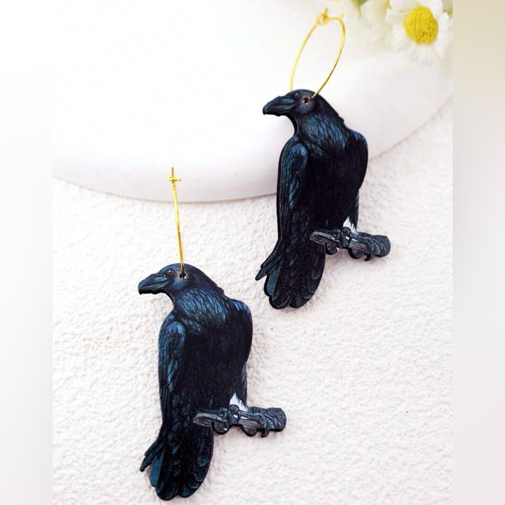 “Raven on a Branch” Nevermore Edgar Allan Poe Perched Crow Blackbird Goth Dangle - Picture 4 of 8